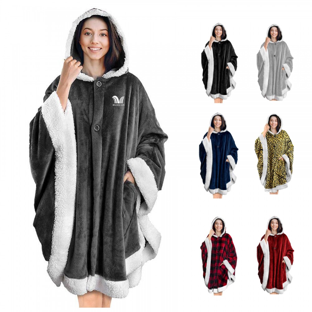 Logo Branded Poncho Hooded Blanket Wrap with Pockets Sherpa Fleece