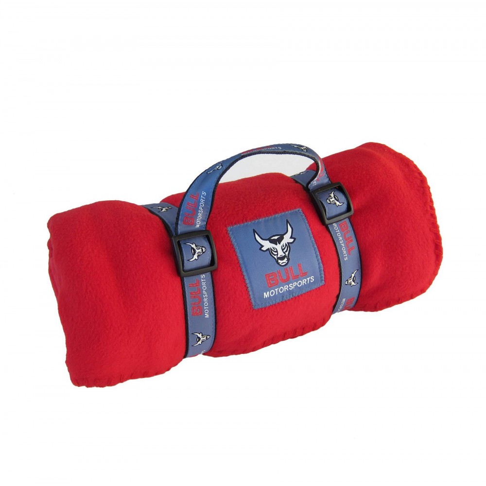 Fleece Blanket w/Woven Carry Strap with Logo Fleece Blanket w/Woven Carry Strap with Logo