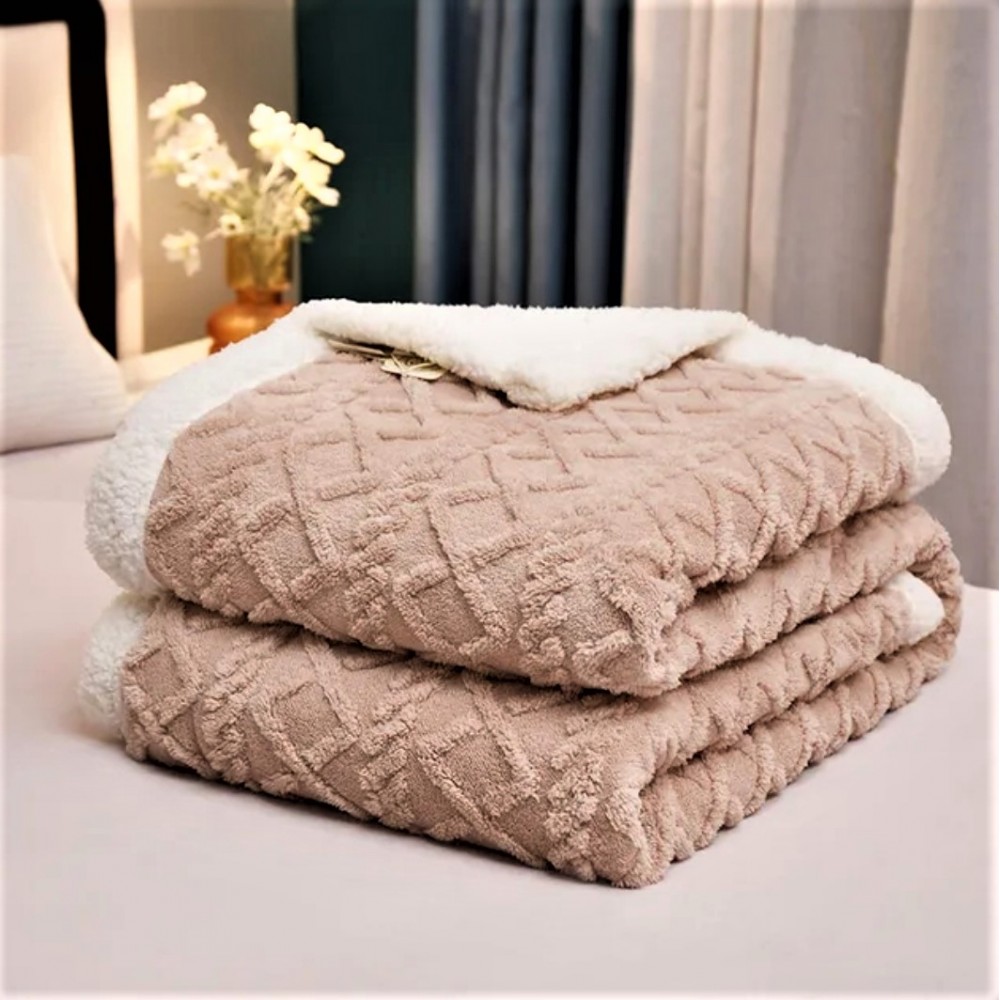 Customized Alesia C. Luxury Fuzzy Jacquard Knit Sherpa Throw Blanket Beige