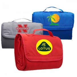 Roll Up Folder Fleece Outdoor Blanket with Packable Woven Handle 45"W x 55"L with Logo