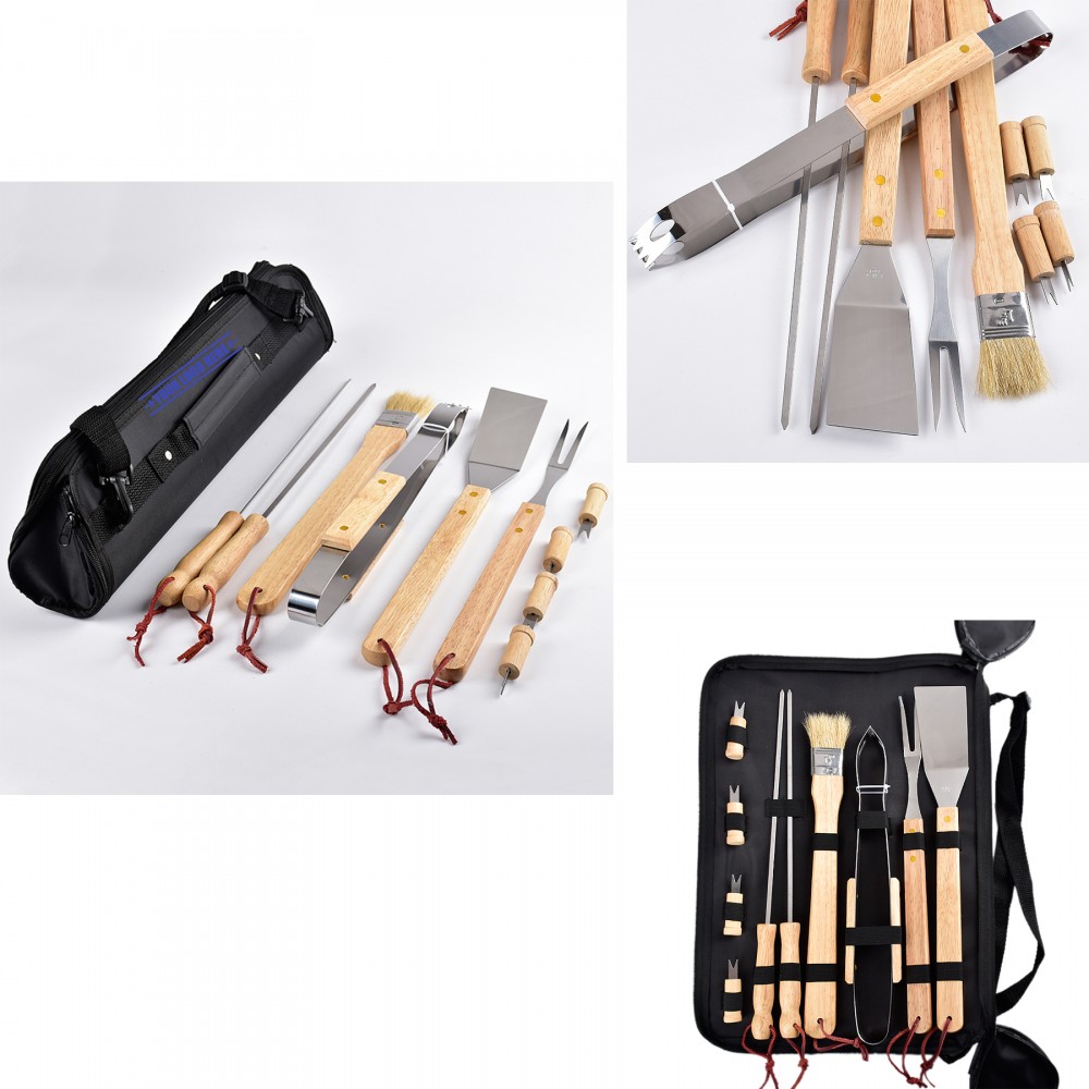 11 pieces Outdoor BBQ Tools Set With Wooden Handle with Logo