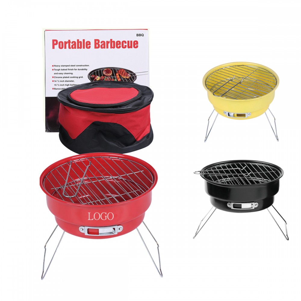 Logo Branded Portable Camping Mini Round BBQ Charcoal Grill with Ice Bag