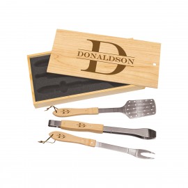 3-Piece BBQ Set in Wooden Pine Box with Logo