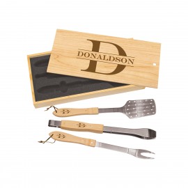 Logo Branded 3-Piece BBQ Set in Wooden Pine Box