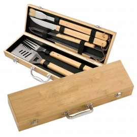 5 Piece BBQ Grill Set with Bamboo Case with Logo  5 Piece BBQ Grill Set with Bamboo Case with Logo