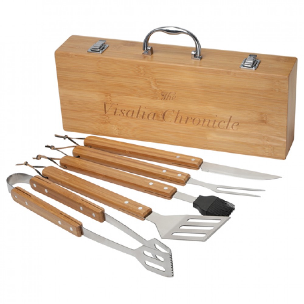Logo Printed Grill Master 5pc Bamboo BBQ Set Logo Printed Grill Master 5pc Bamboo BBQ Set