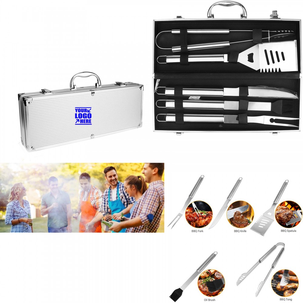 Logo Branded 5 Pieces Stainless BBQ Tool Set With Aluminum Case