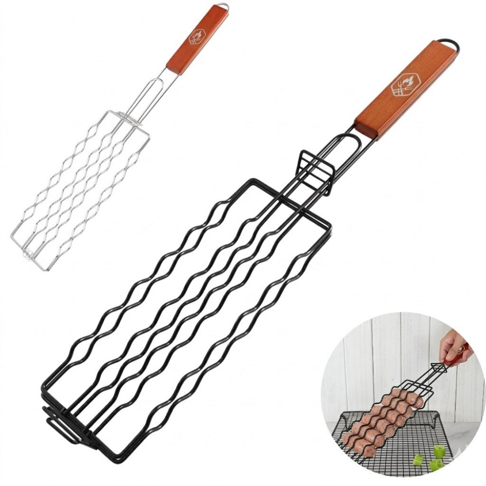 Non-Stick Hot Dog and Sausage Grilling Basket with Oak Handle with Logo