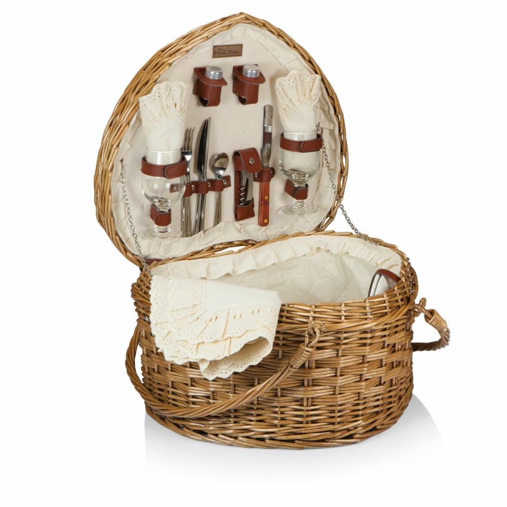 Heart Picnic Basket - Willow Basket w/Deluxe Picnic Service For 2 with Logo