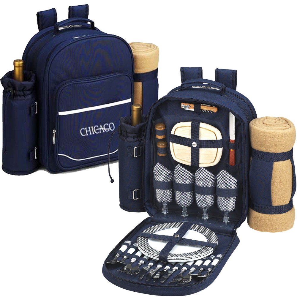 Picnic Backpack for 4 with Cooler & Blanket with Logo