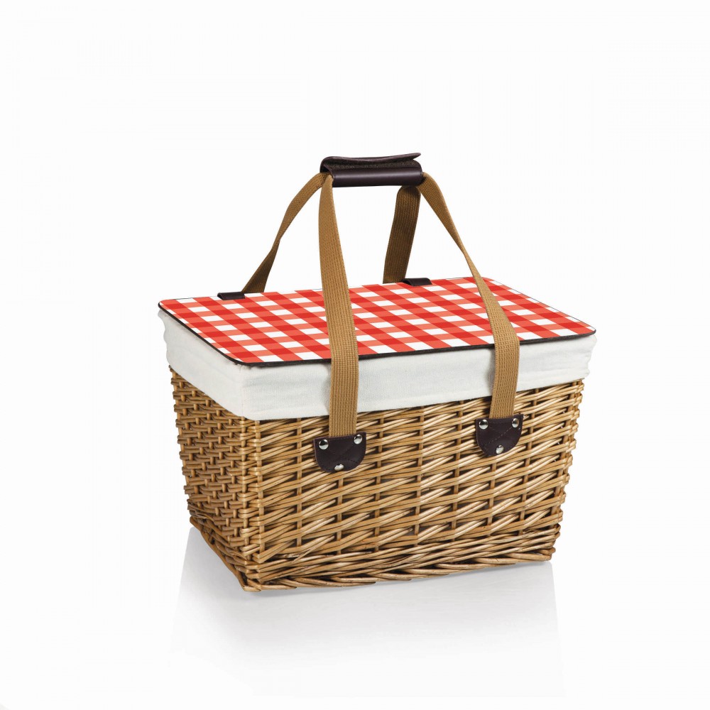 Custom Canasta Willow Basket w/Removable Lid and Double Handles-red and white check lid