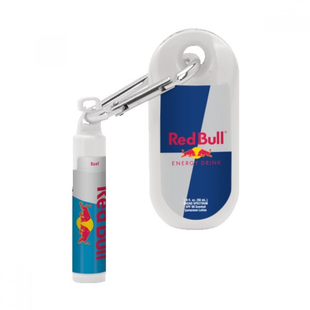 Logo Branded 1.9 Oz. Spf 50 Sunscreen With Carabiner & Spf 15 Lip Balm In White Tube With Hook Cap
