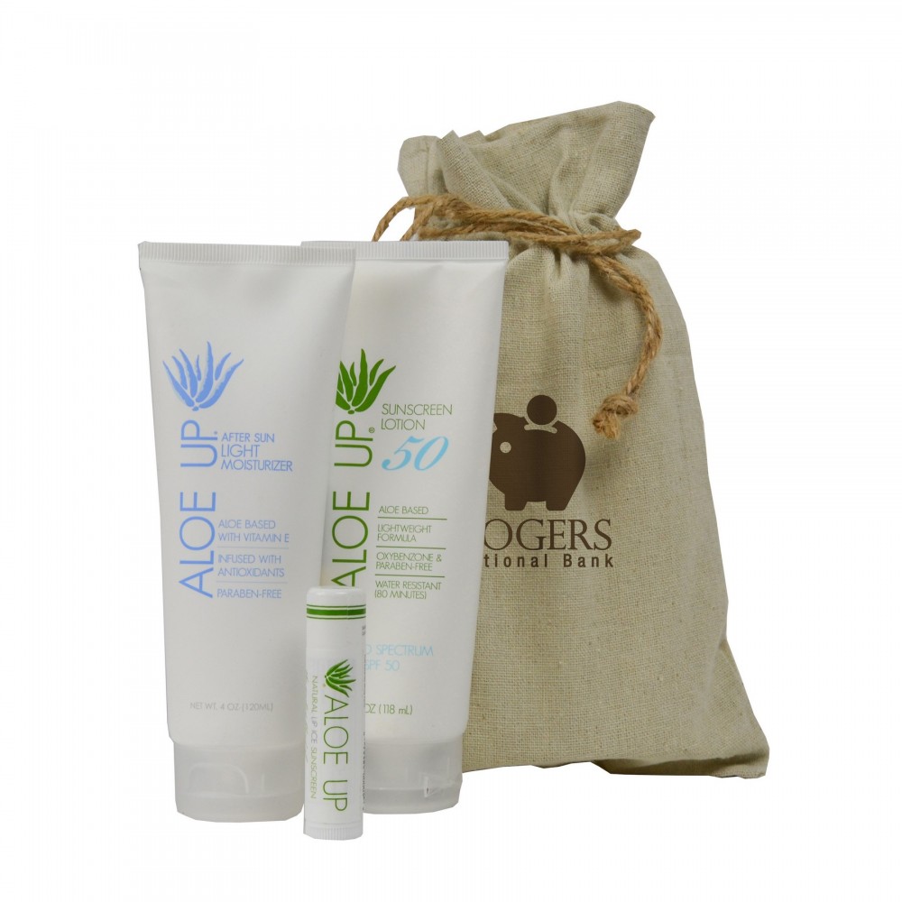 Aloe Up Linen Drawstring Bag with White Collection Sunscreen Custom Printed Aloe Up Linen Drawstring Bag with White Collection Sunscreen Custom Printed