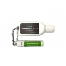 Promotional SPF 30 Sunscreen 1 oz Tottle With Carabiner + Clip Balm