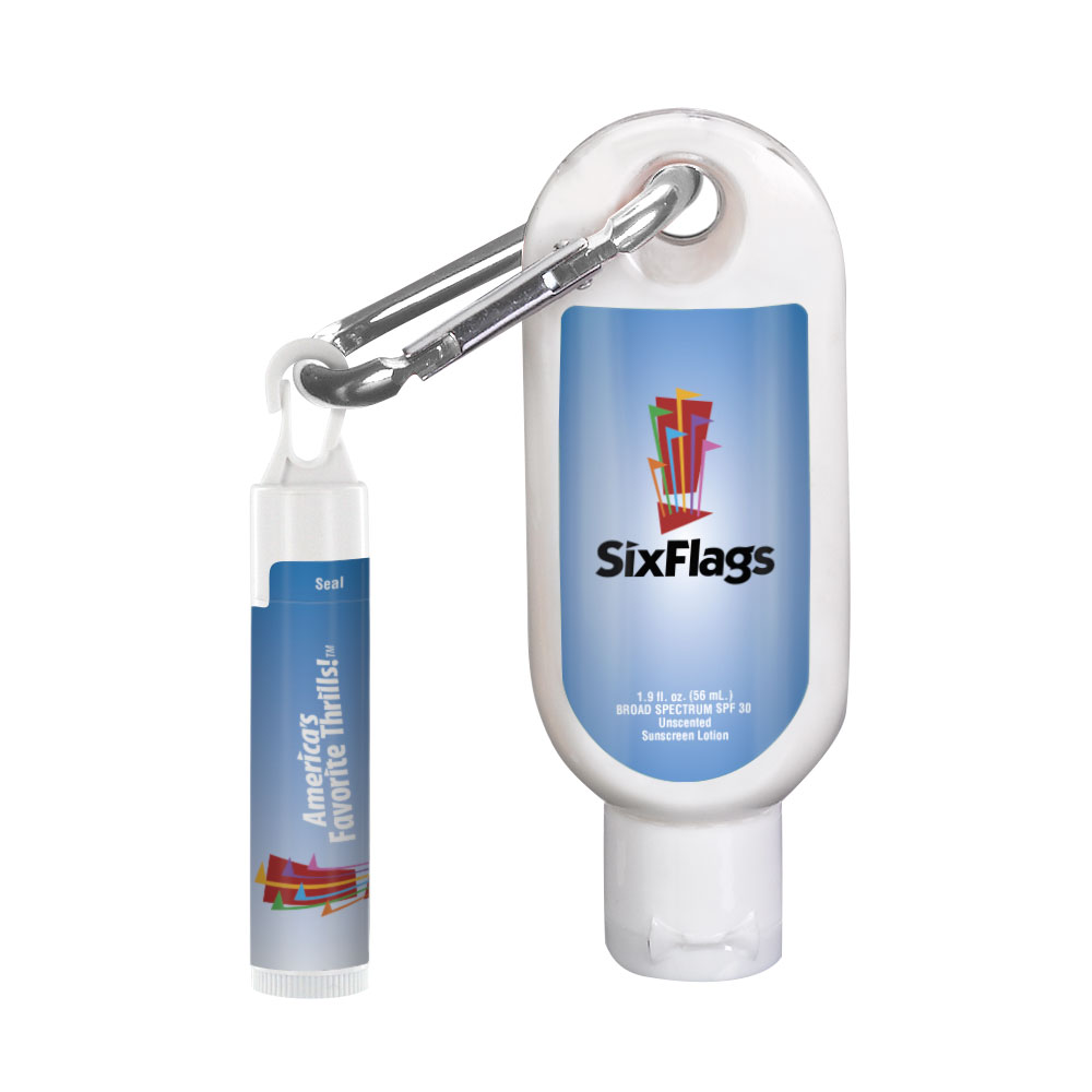 Customized 1.9 oz SPF 30 Sunscreen with Carabiner and SPF 15 Lip Balm in White Tube with Hook Cap Customized 1.9 oz SPF 30 Sunscreen with Carabiner and SPF 15 Lip Balm in White Tube with Hook Cap