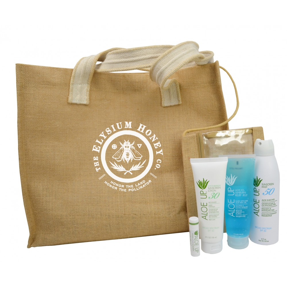Aloe Up Jute Beach Bag with White Collection Sunscreen Logo Branded Aloe Up Jute Beach Bag with White Collection Sunscreen Logo Branded