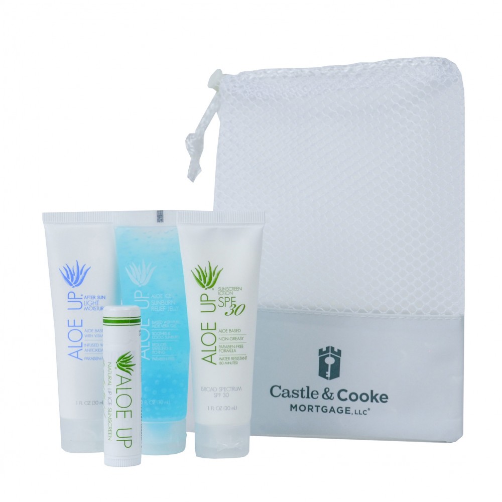 Logo Branded Aloe Up Small Mesh Bag with White Collection Sunscreen Logo Branded Aloe Up Small Mesh Bag with White Collection Sunscreen