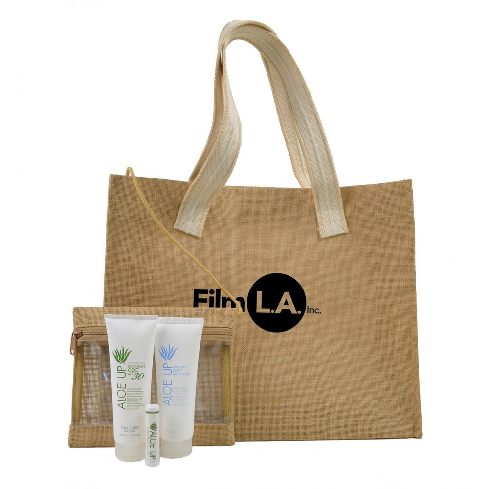 Aloe Up Jute Beach Bag with White Collection Sunscreen Logo Branded Aloe Up Jute Beach Bag with White Collection Sunscreen Logo Branded