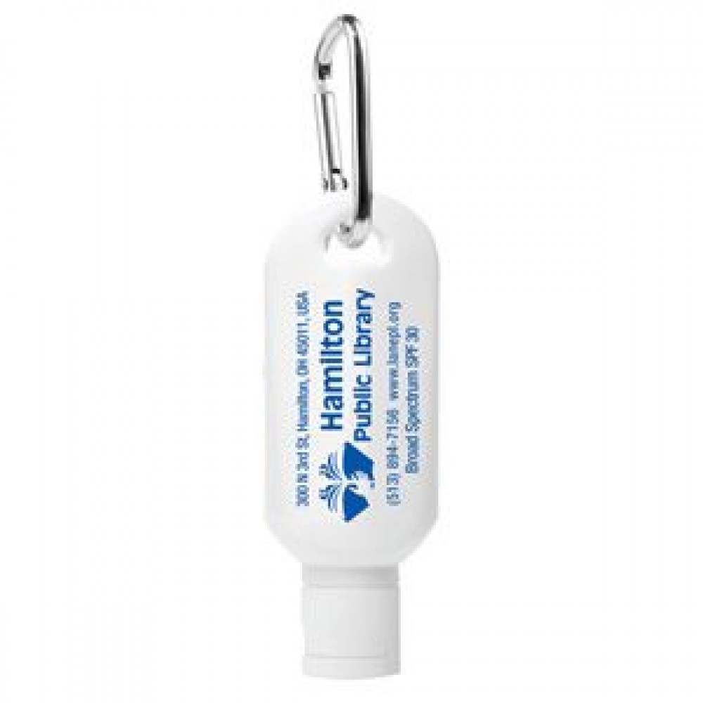 "Sunny Day L" 2.0 Oz. Broad Spectrum SPF 30 Sunscreen Lotion w/Carabiner Tottle (Overseas) Custom Printed "Sunny Day L" 2.0 Oz. Broad Spectrum SPF 30 Sunscreen Lotion w/Carabiner Tottle (Overseas) Custom Printed