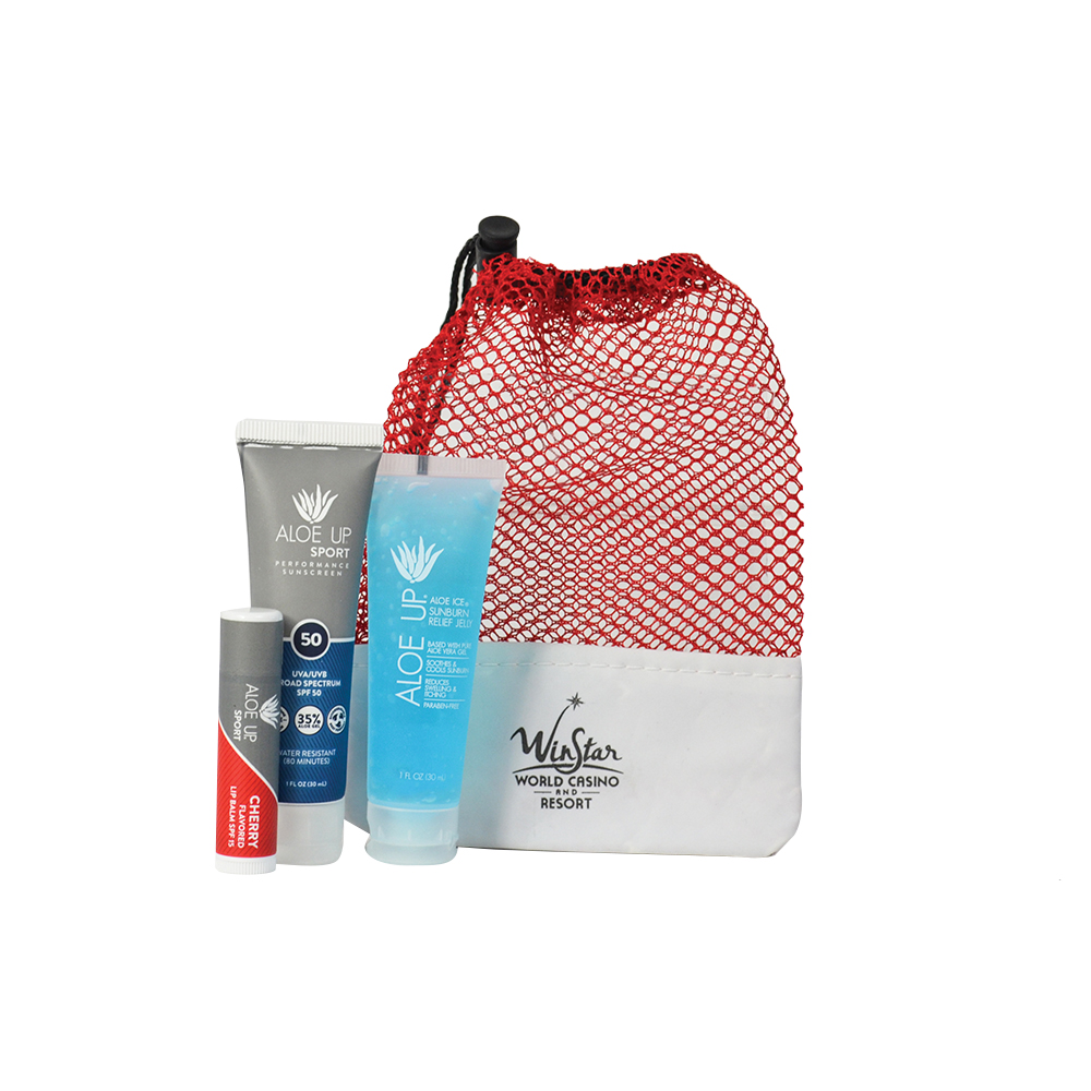 Custom Imprinted Aloe Up Small Mesh Bag with Sport Sunscreen Custom Imprinted Aloe Up Small Mesh Bag with Sport Sunscreen