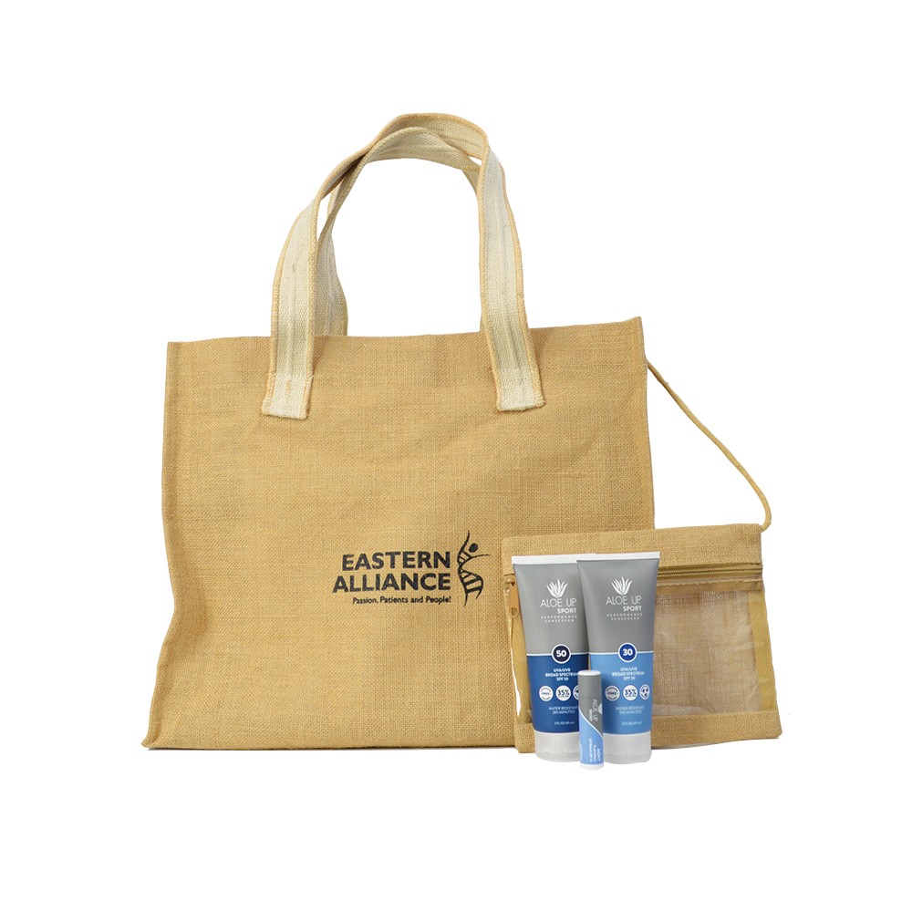 Aloe Up Jute Beach Bag with Sport Sunscreen Custom Imprinted Aloe Up Jute Beach Bag with Sport Sunscreen Custom Imprinted