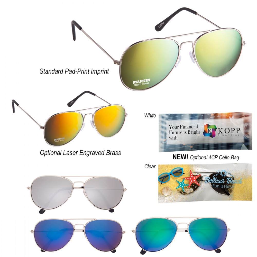 Pilot's Mirrored Aviator Sunglasses Logo Branded Pilot's Mirrored Aviator Sunglasses Logo Branded