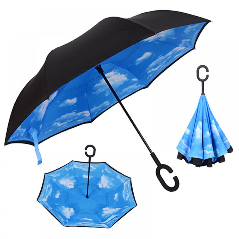 Blue Sky Double Layer C-Shaped Handle Inside Out Folding Inverted Umbrella Custom Printed Blue Sky Double Layer C-Shaped Handle Inside Out Folding Inverted Umbrella Custom Printed