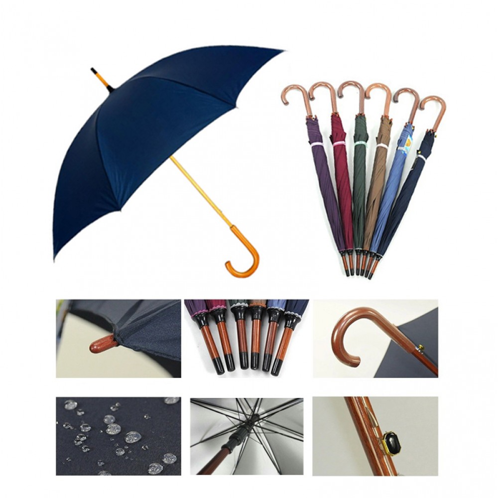 Custom Imprinted 48" Wood Hook Handle Auto Open Umbrella Custom Imprinted 48" Wood Hook Handle Auto Open Umbrella