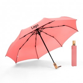 Logo Branded Automatic Compact Umbrella with Wooden Handle  Logo Branded Automatic Compact Umbrella with Wooden Handle