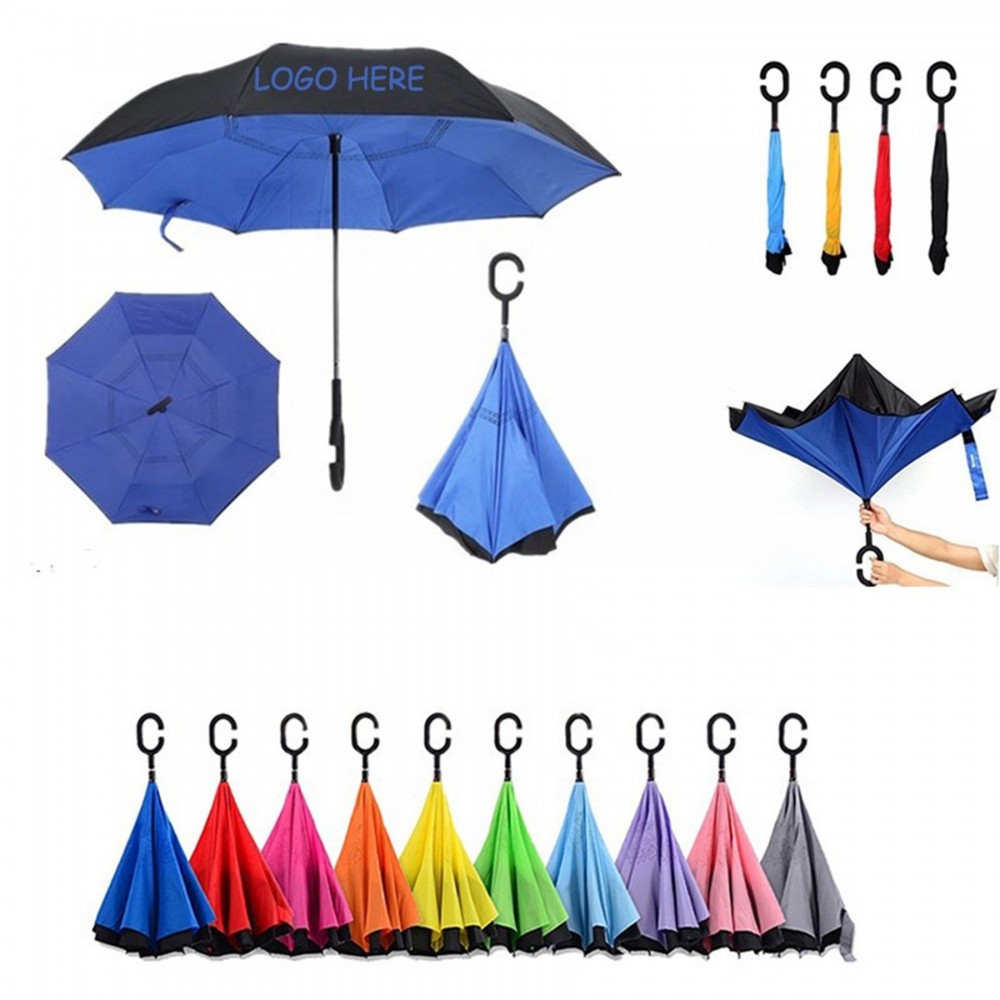 44" Double Layer Reverse Inverted Windproof Umbrella Custom Imprinted 44" Double Layer Reverse Inverted Windproof Umbrella Custom Imprinted