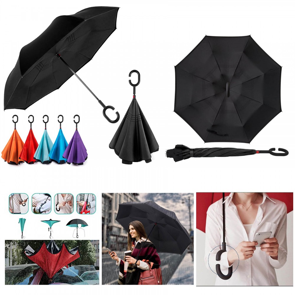 Custom Imprinted Inverted Umbrella Double-Layer Standing C-Shaped Long Handle Car Umbrella