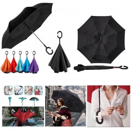 Custom Imprinted Inverted Umbrella Double-Layer Standing C-Shaped Long Handle Car Umbrella