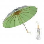 16 Ribs Compact Sun/Rain Umbrella with Wooden Handle with Logo