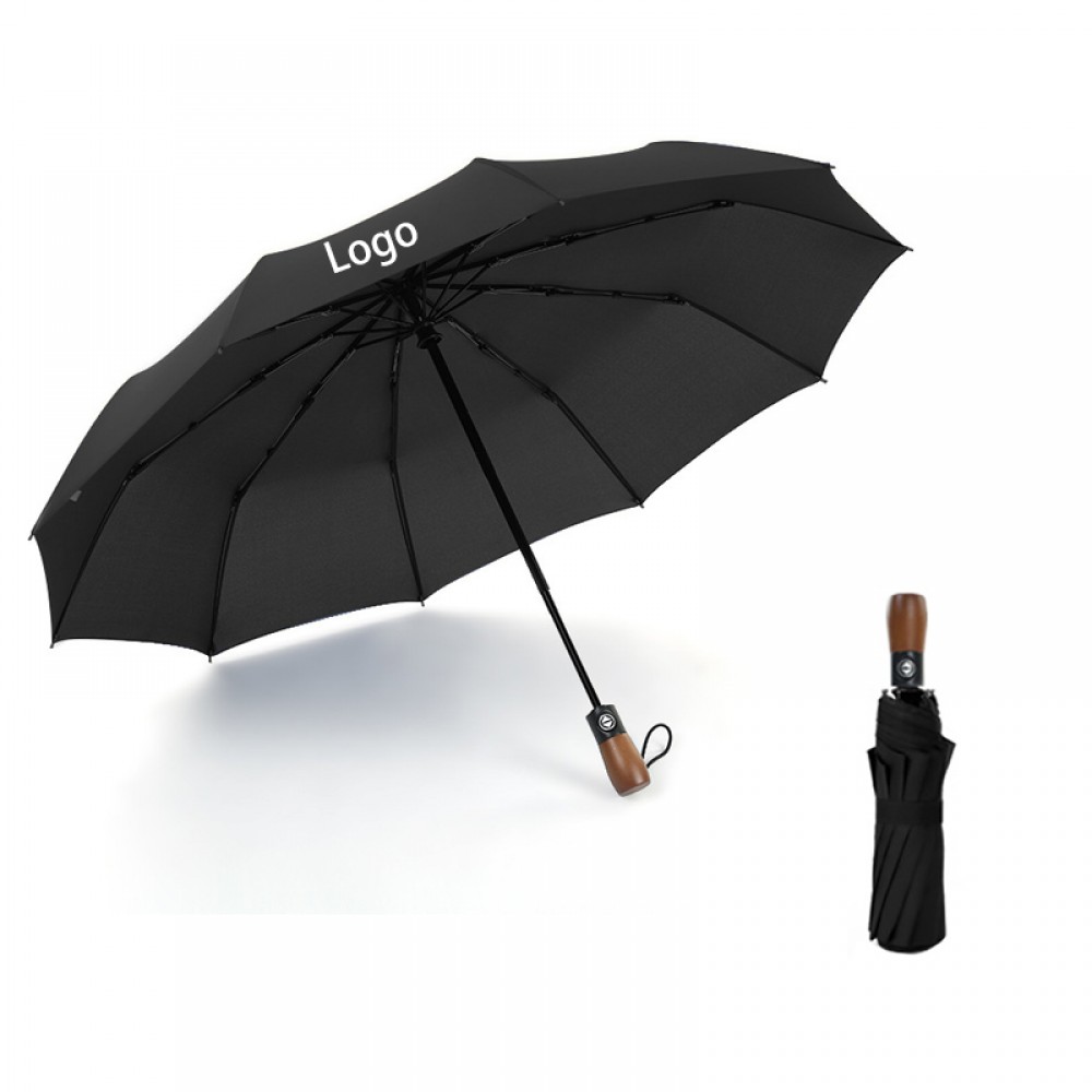 Windproof Automatic Sun/Rain Umbrella with Wooden Handle with Logo