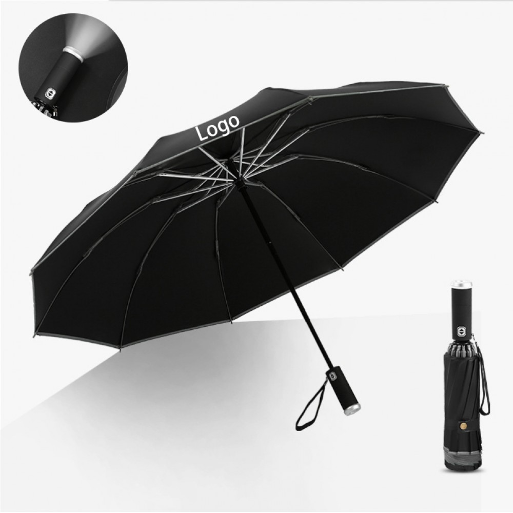 Logo Branded Automatic Compact Umbrella with LED Flashlight and Reflective Strip