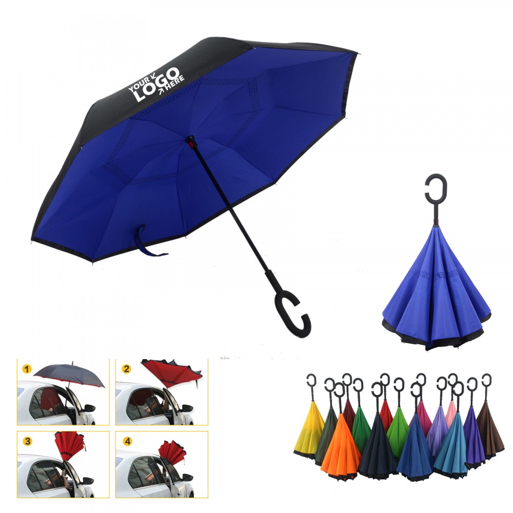 Custom Printed Reversed 190T Pongee C Shape Holder Double Layer Windproof 41 Inch Car Driver Inverted Umbrella Custom Printed Reversed 190T Pongee C Shape Holder Double Layer Windproof 41 Inch Car Driver Inverted Umbrella