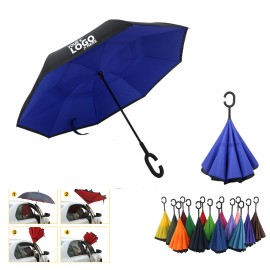 Custom Printed Reversed 190T Pongee C Shape Holder Double Layer Windproof 41 Inch Car Driver Inverted Umbrella