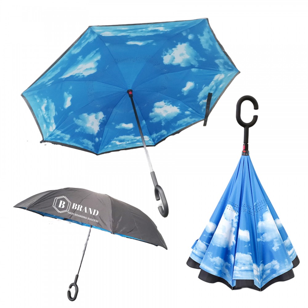 Customized Sublimation Blue Sky Inverted Reverse Umbrella
