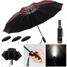 Promotional Reverse Umbrella W/ LED Handle and Reflective Edges