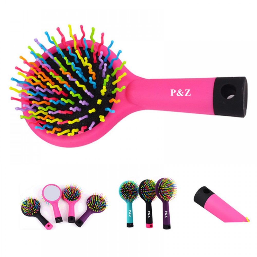 2 In 1 Rainbow Massage Hairbrush With Mirror Logo Branded