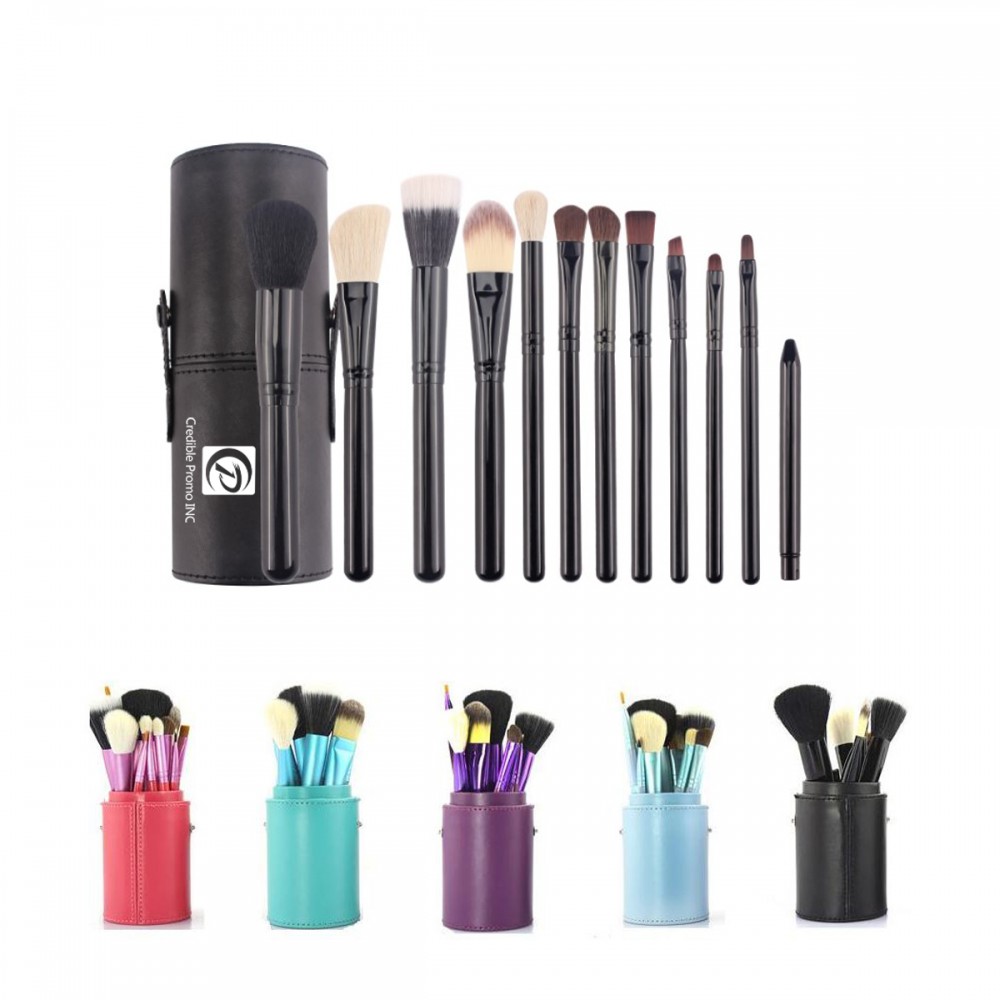 12Pcs Wood Handle Makeup Brush Set with Leather Cup Holder Logo Branded