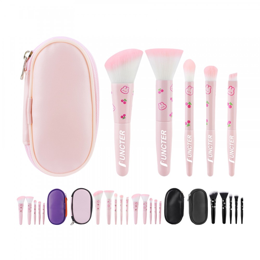 Custom Printed 5 - Piece Mini Portable Makeup Brush Set with PU Cosmetic Bag