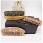Wooden Comb and Natural Boar Bristle Beard Brush set Custom Printed