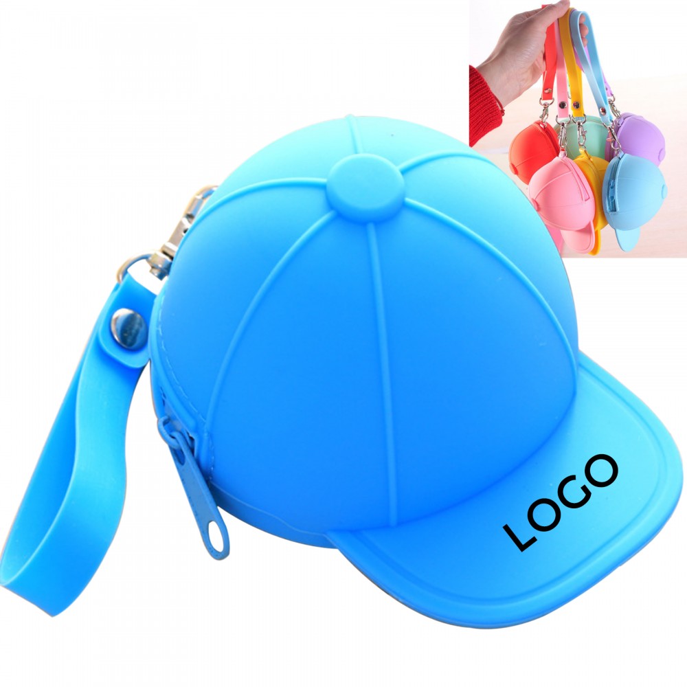 Custom Printed Portable Silicone Baseball Cap-Style Keychain Coin Purse With Zipper & Handle
