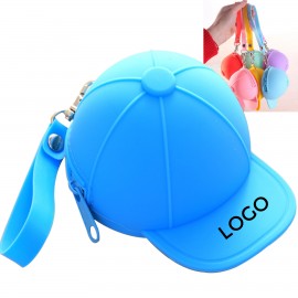 Custom Printed Portable Silicone Baseball Cap-Style Keychain Coin Purse With Zipper & Handle
