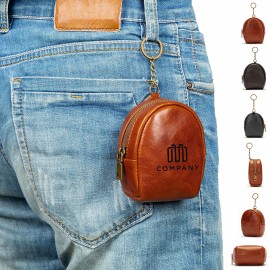 Mini Genuine Leather Coin Pouch Keychain Zipper Closure Custom Printed