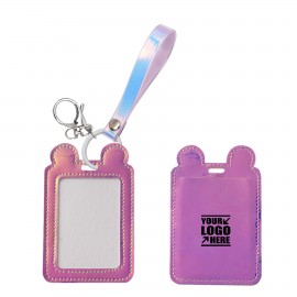 Logo Branded Round Ears Shining PU Leather Card Case With Keychain  Logo Branded Round Ears Shining PU Leather Card Case With Keychain
