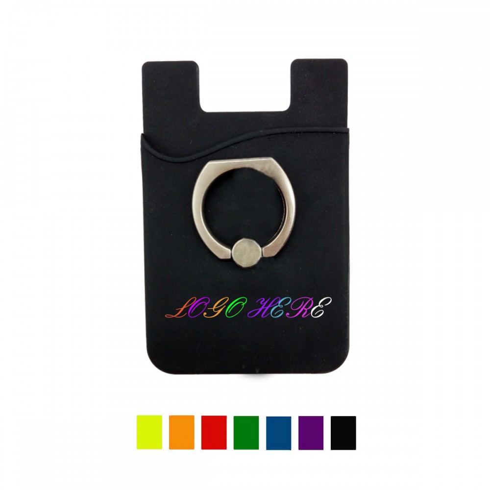 Custom Printed Silicone Cell Phone Card Holder W/ Finger Ring