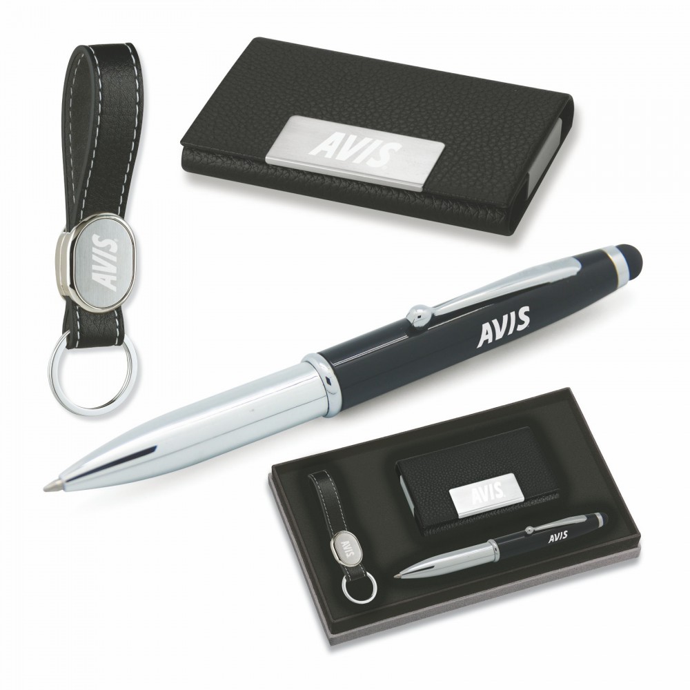3-Piece Gift Set of Card Case, 3-in-1 Stylus Ballpoint Pen and Key Holder Logo Branded