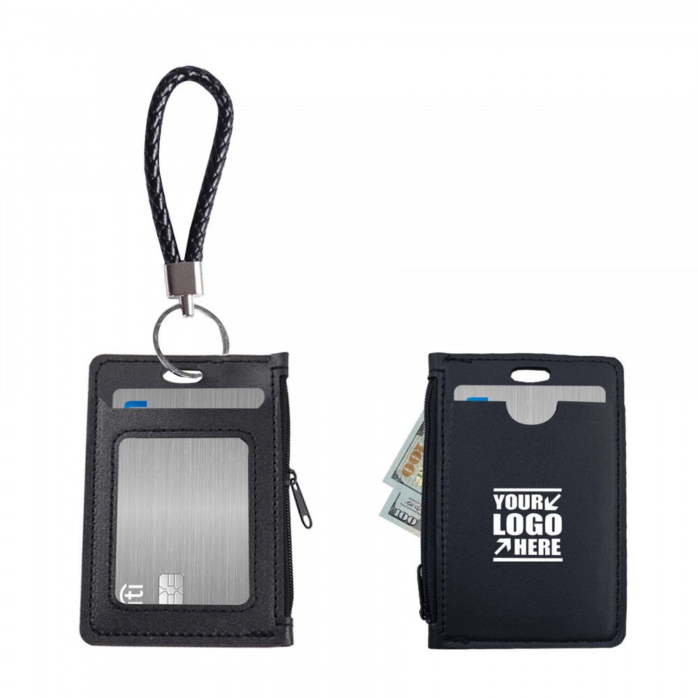 Logo Branded Zipper PU Leather Card Case With Keychain